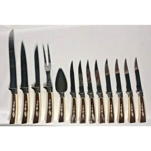Regent Sheffield English Stainless Steel 19 Piece Knife Set Brown Leaf Handles
